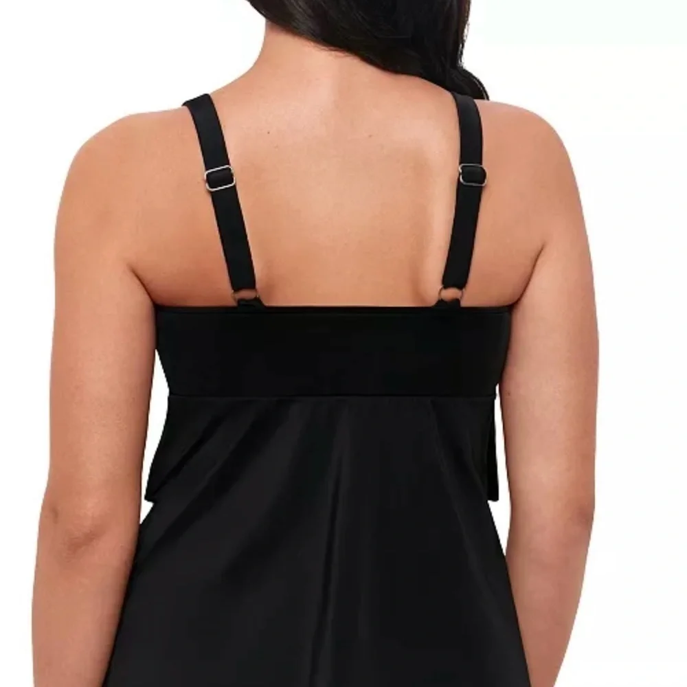NWT Swim Solutions Women's Black Swan Tiered-Ruffle Tankini Top size 18